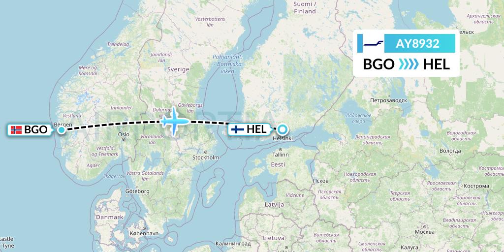 AY8932 Finnair Flight Map: Bergen to Helsinki