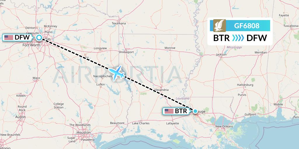 GF6808 Gulf Air Flight Map: Baton Rouge to Dallas