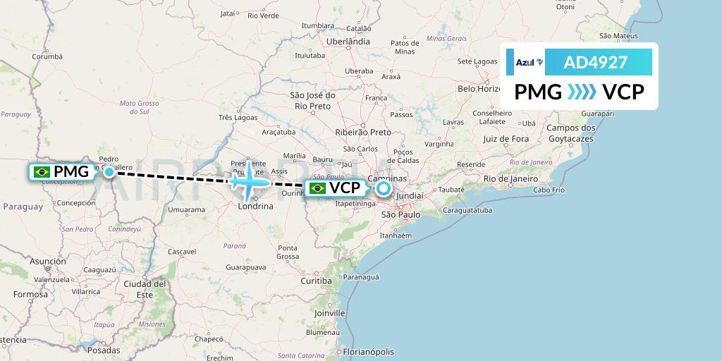 AD4927 Azul Brazilian Airlines Flight Map: Ponta Pora to Campinas