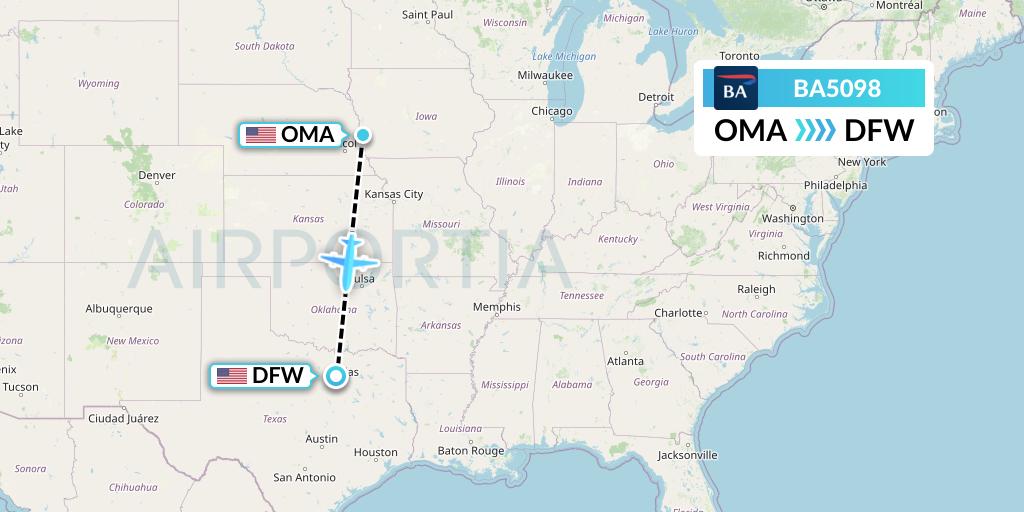 BA5098 British Airways Flight Map: Omaha to Dallas
