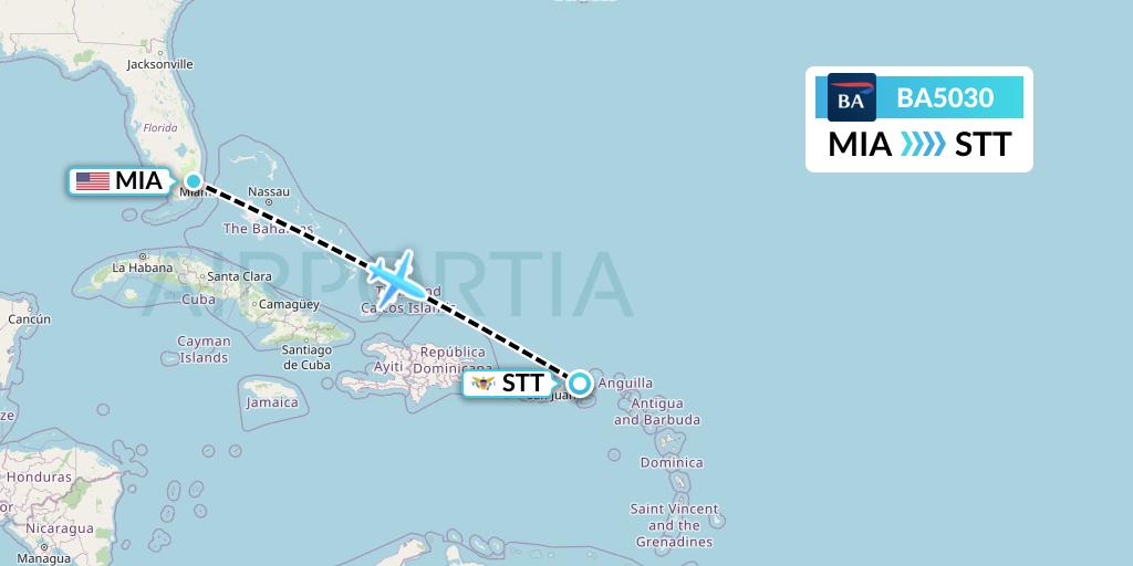 BA5030 British Airways Flight Map: Miami to St. Thomas