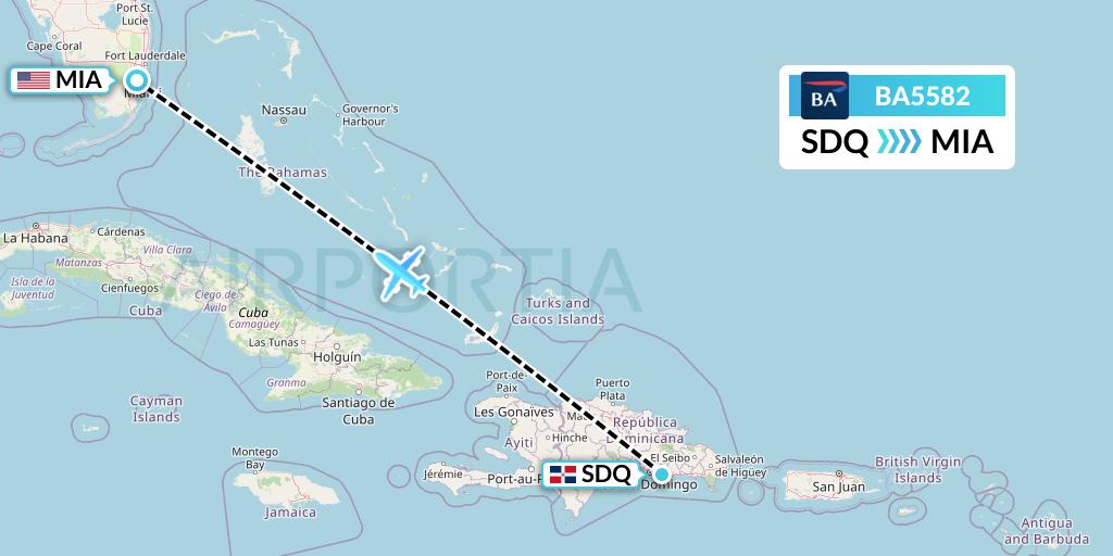 BA5582 British Airways Flight Map: Santo Domingo to Miami
