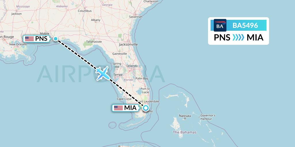 BA5496 British Airways Flight Map: Pensacola to Miami