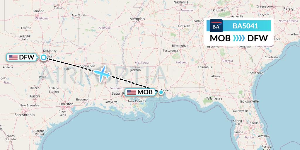 BA5041 British Airways Flight Map: Mobile to Dallas