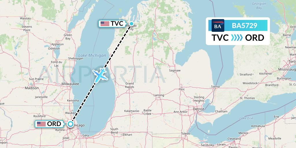 BA5729 British Airways Flight Map: Traverse City to Chicago