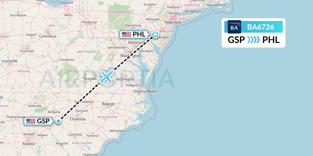 BA6726 British Airways Flight Map: Greenville-Spartanburg to Philadelphia