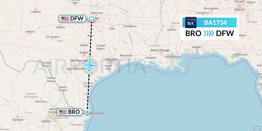 BA1734 British Airways Flight Map: Brownsville to Dallas