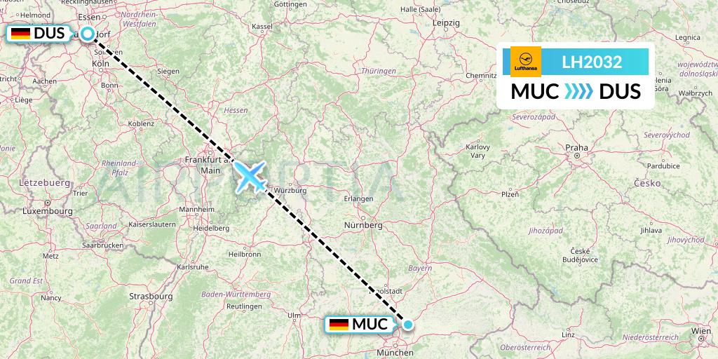 LH2032 Lufthansa Flight Map: Munich to Dusseldorf