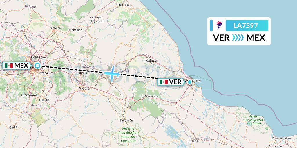 LA7597 LAN Airlines Flight Map: Veracruz to Mexico City