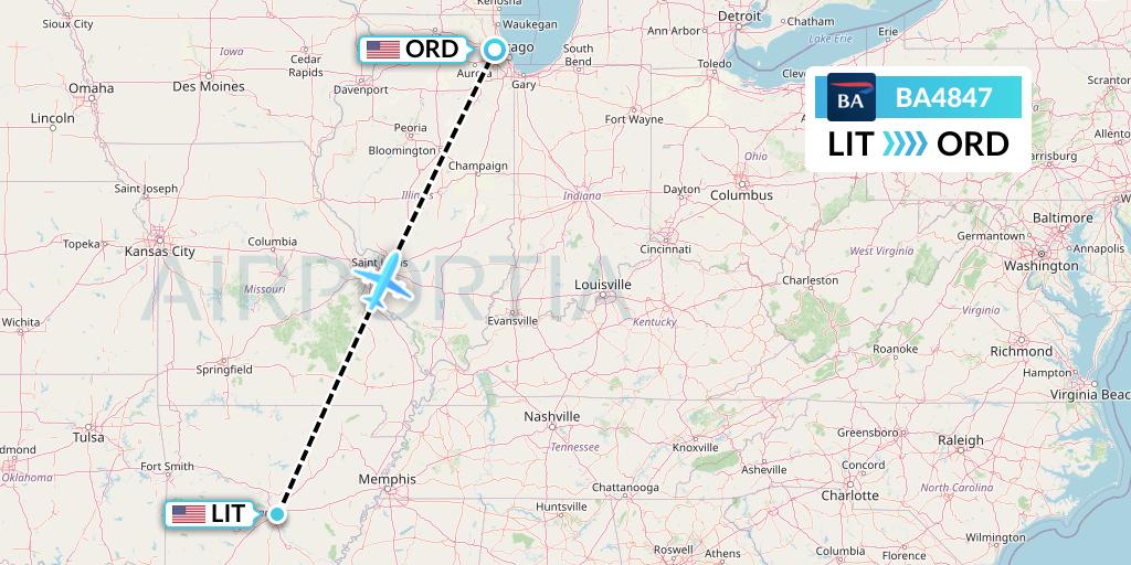 BA4847 British Airways Flight Map: Little Rock to Chicago