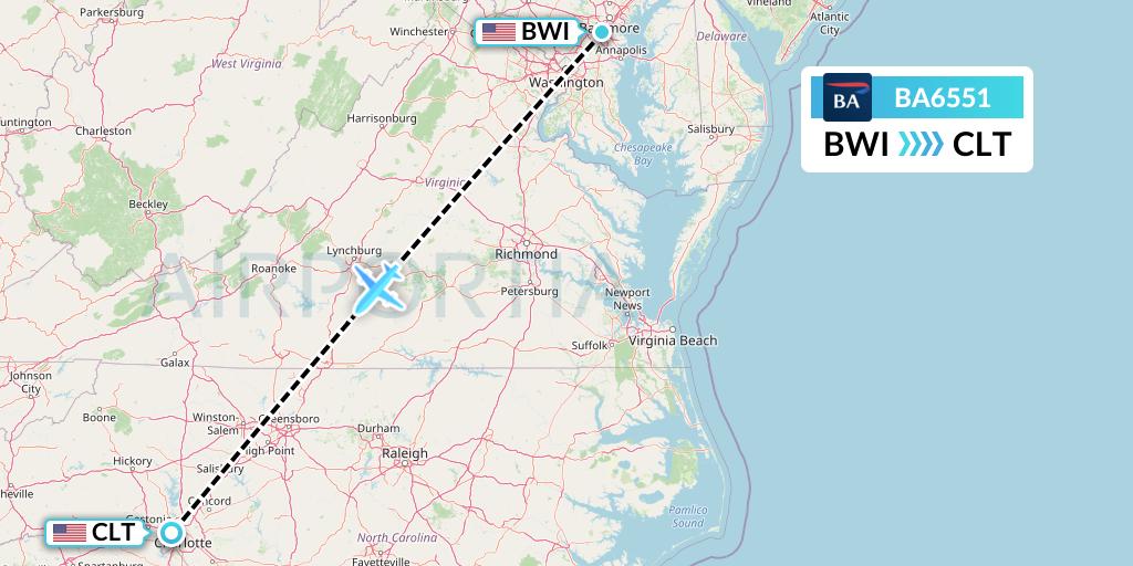 BA6551 British Airways Flight Map: Baltimore to Charlotte