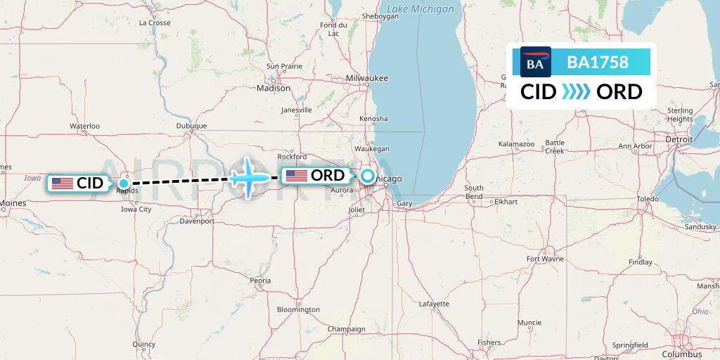 BA1758 British Airways Flight Map: Cedar Rapids to Chicago