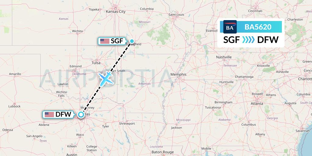 BA5620 British Airways Flight Map: Springfield to Dallas