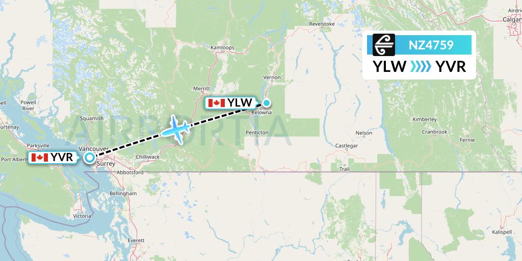 NZ4759 Air New Zealand Flight Map: Kelowna to Vancouver