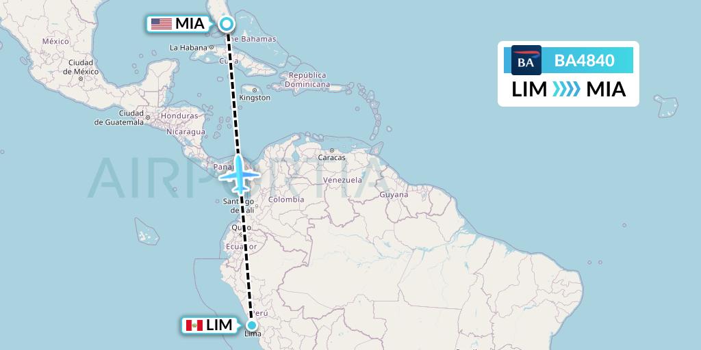 BA4840 British Airways Flight Map: Lima to Miami
