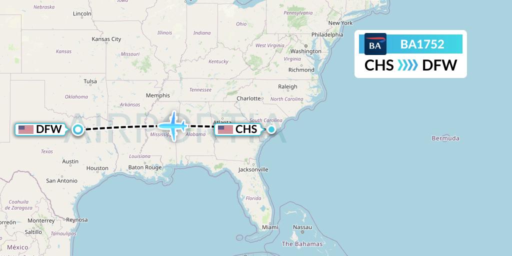 BA1752 British Airways Flight Map: Charleston to Dallas