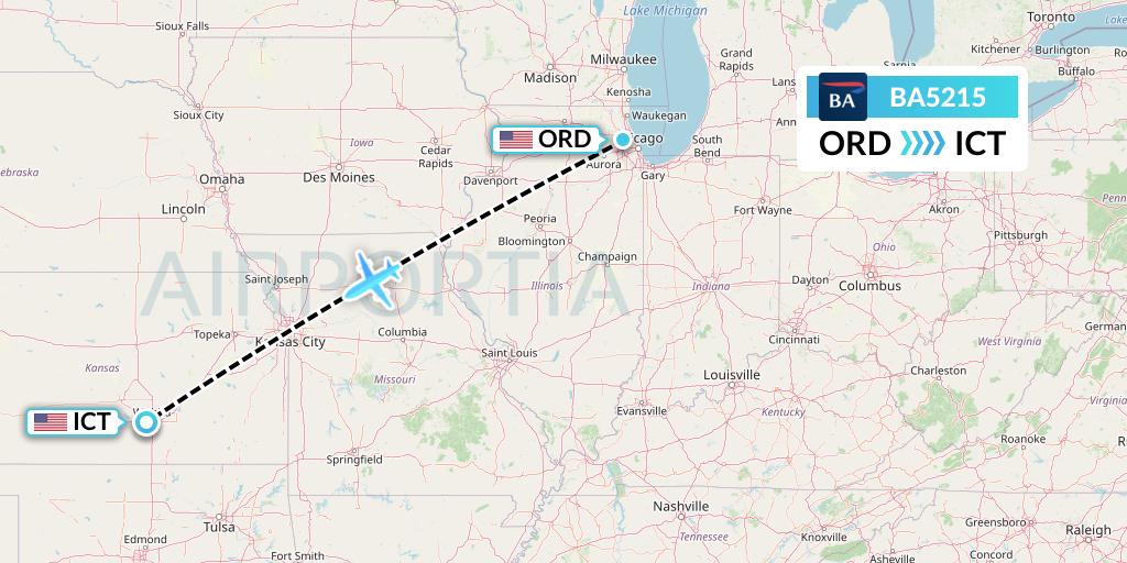 BA5215 British Airways Flight Map: Chicago to Wichita