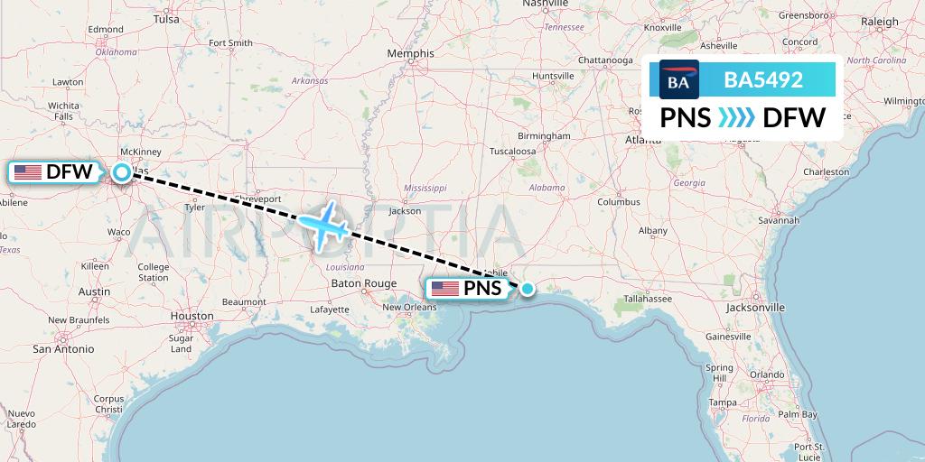 BA5492 British Airways Flight Map: Pensacola to Dallas