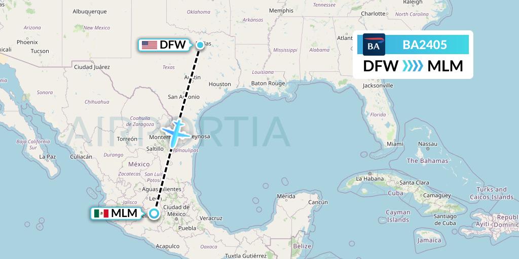 BA2405 British Airways Flight Map: Dallas to Morelia
