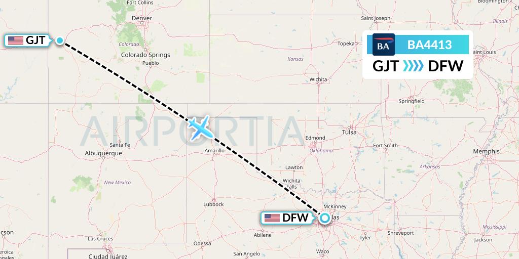BA4413 British Airways Flight Map: Grand Junction to Dallas