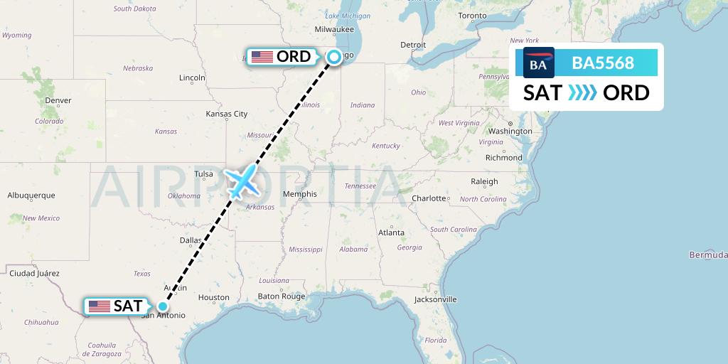 BA5568 British Airways Flight Map: San Antonio to Chicago