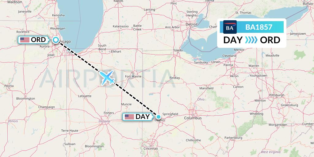 BA1857 British Airways Flight Map: Dayton to Chicago