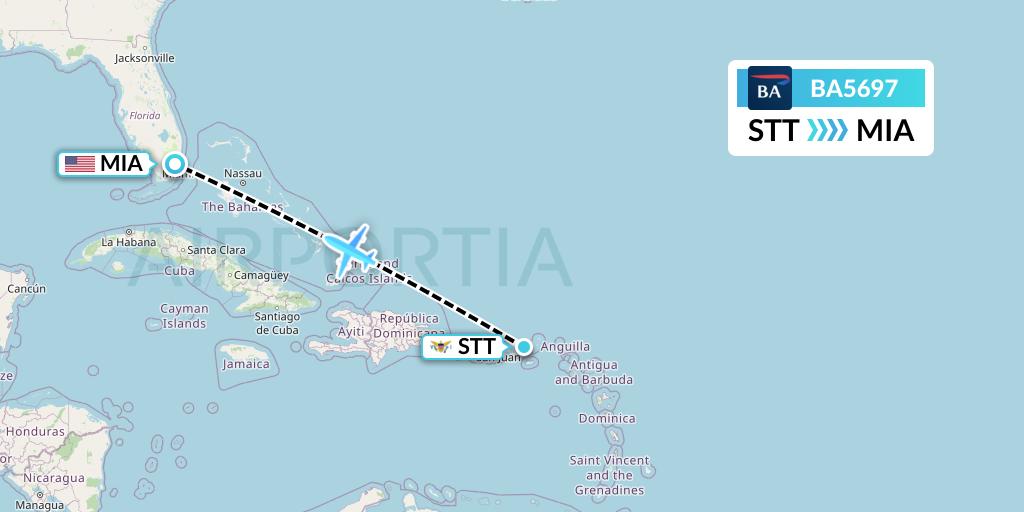 BA5697 British Airways Flight Map: St. Thomas to Miami