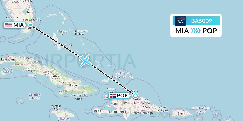 BA5009 British Airways Flight Map: Miami to Puerto Plata