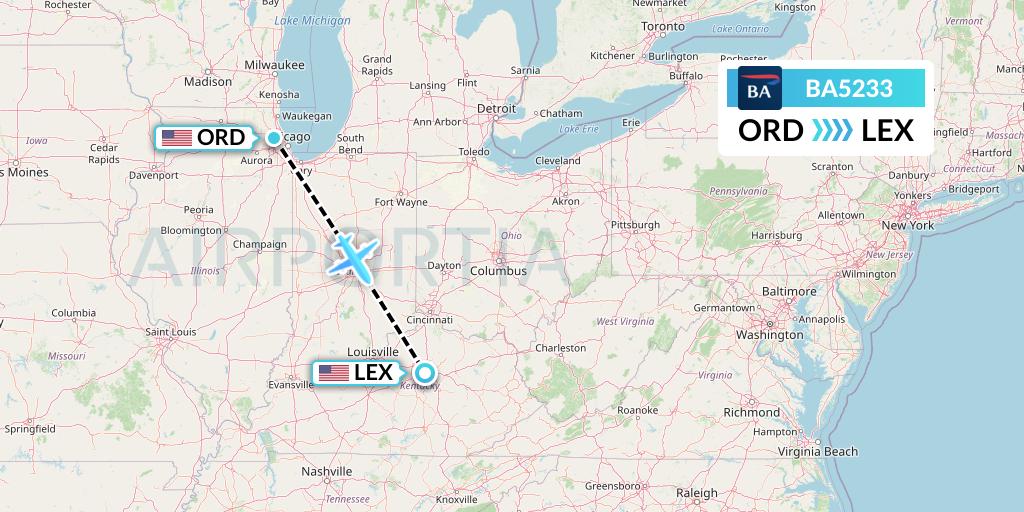 BA5233 British Airways Flight Map: Chicago to Lexington