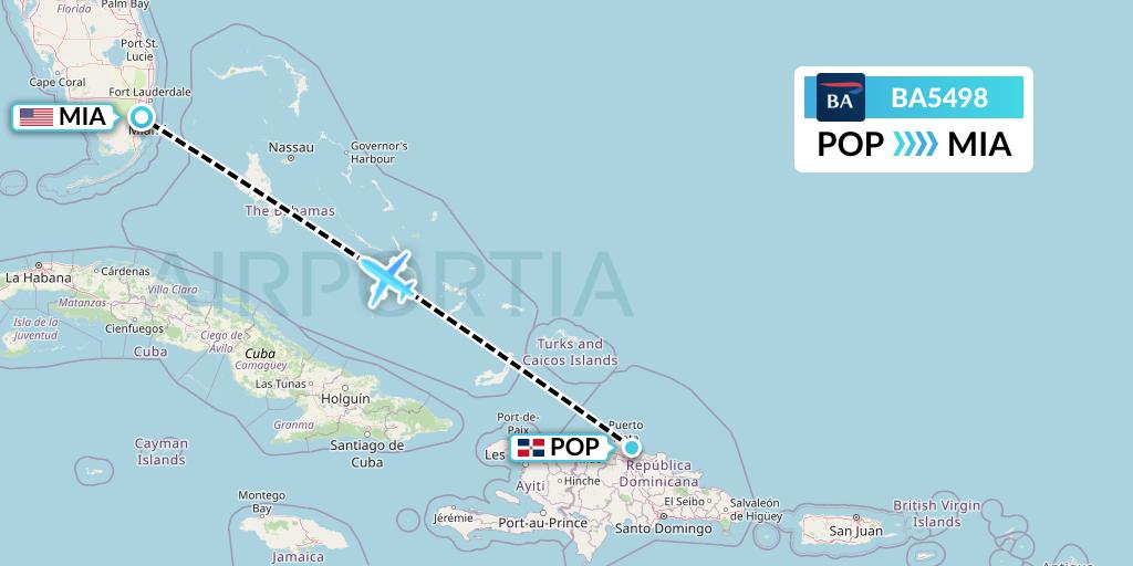 BA5498 British Airways Flight Map: Puerto Plata to Miami