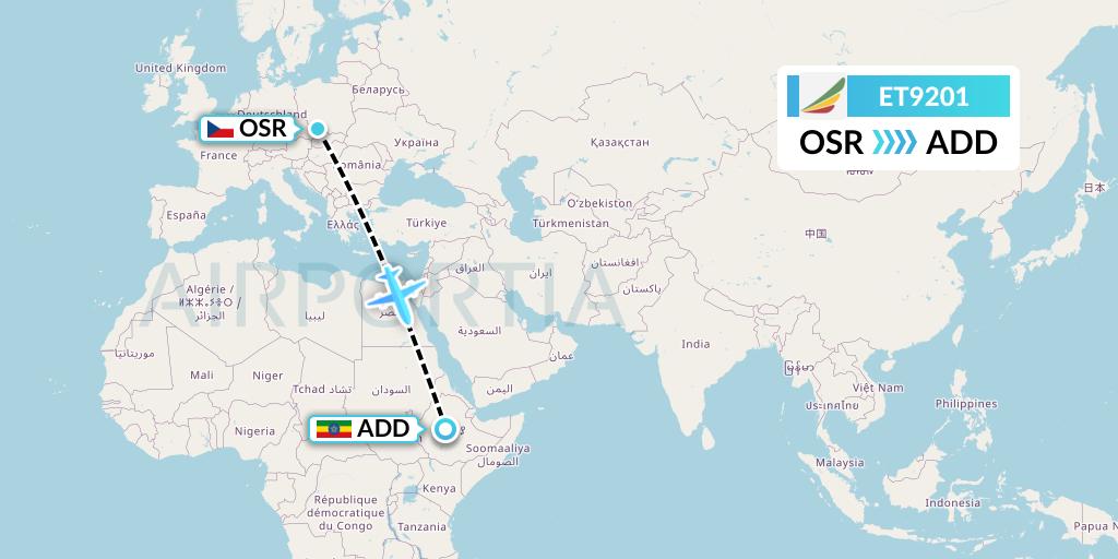 ET9201 Ethiopian Airlines Flight Map: Ostrava to Addis Ababa