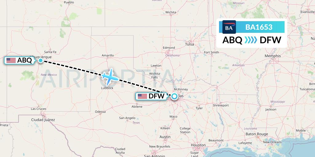 BA1653 British Airways Flight Map: Albuquerque to Dallas