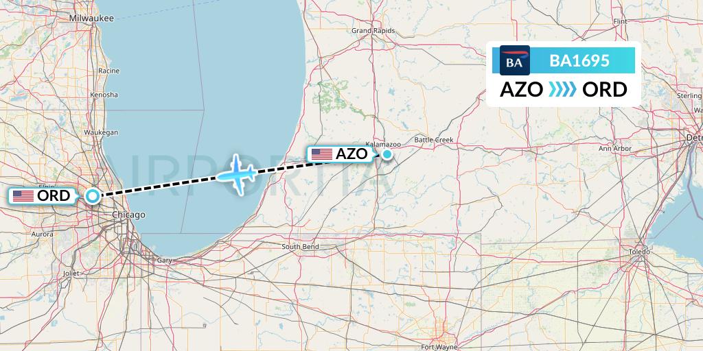 BA1695 British Airways Flight Map: Kalamazoo to Chicago