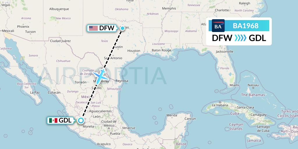 BA1968 British Airways Flight Map: Dallas to Guadalajara
