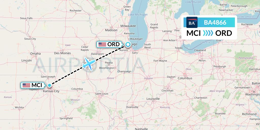 BA4866 British Airways Flight Map: Kansas City to Chicago