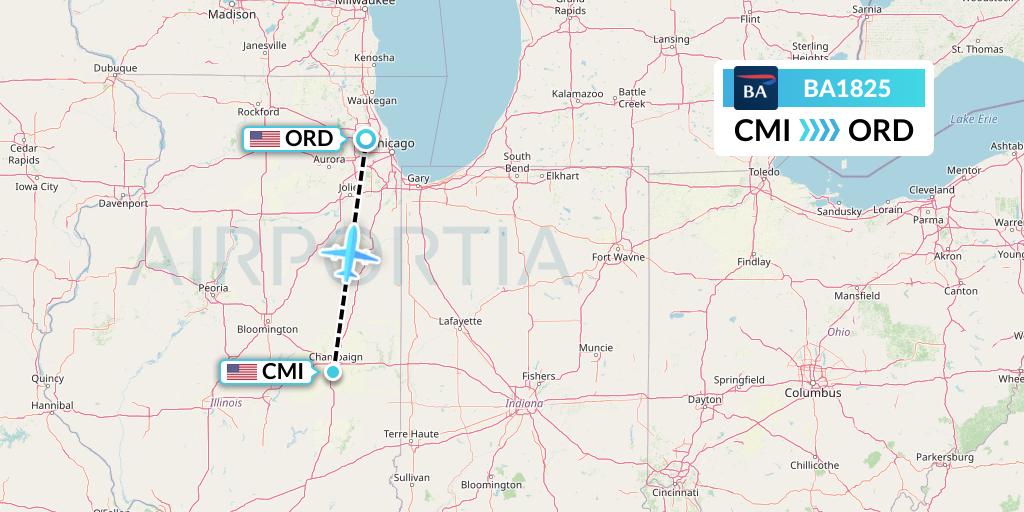 BA1825 British Airways Flight Map: Champaign to Chicago