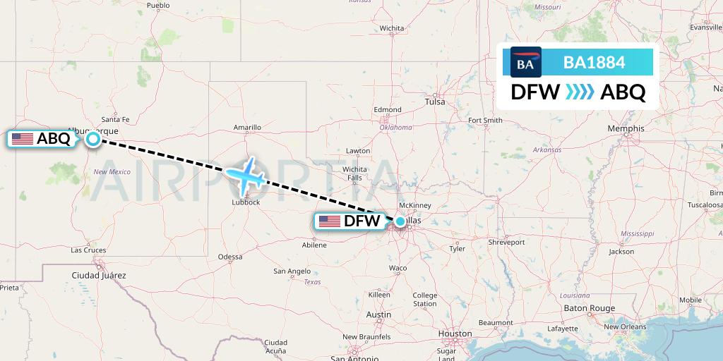 BA1884 British Airways Flight Map: Dallas to Albuquerque