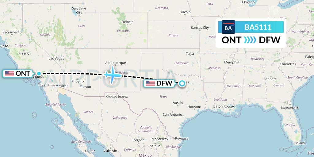 BA5111 British Airways Flight Map: Ontario to Dallas