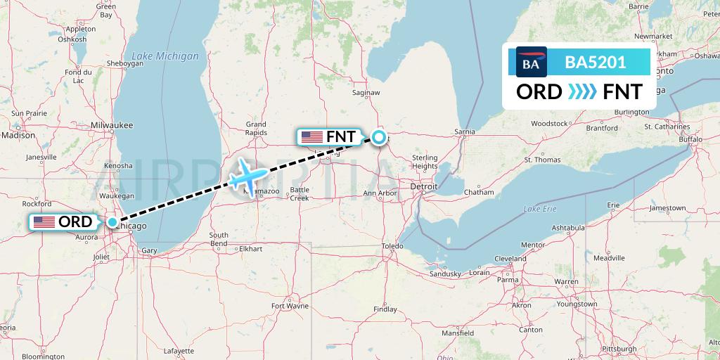 BA5201 British Airways Flight Map: Chicago to Flint