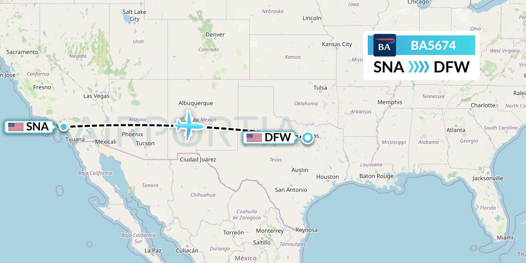BA5674 British Airways Flight Map: Orange County to Dallas