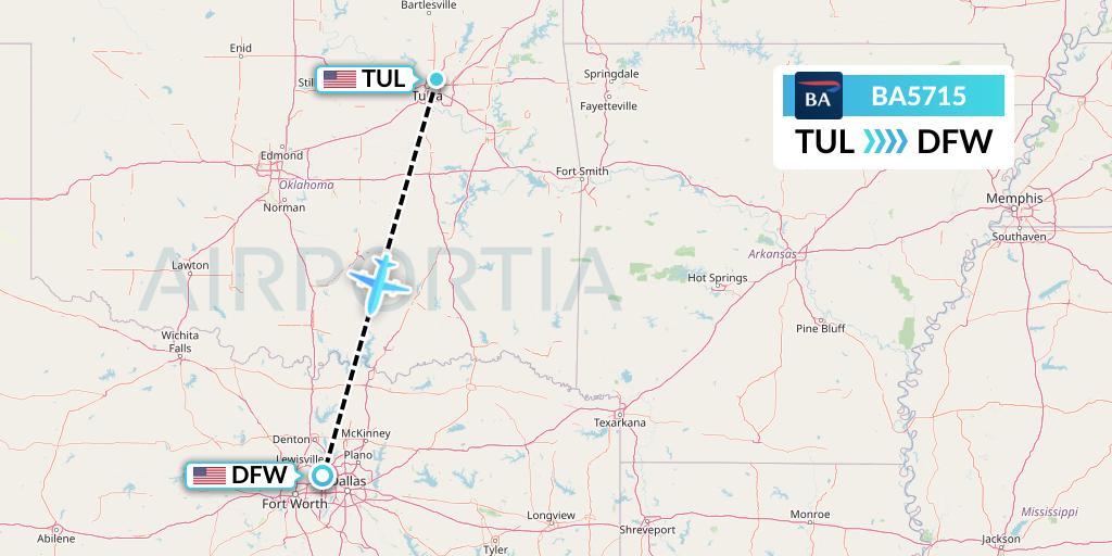 BA5715 British Airways Flight Map: Tulsa to Dallas