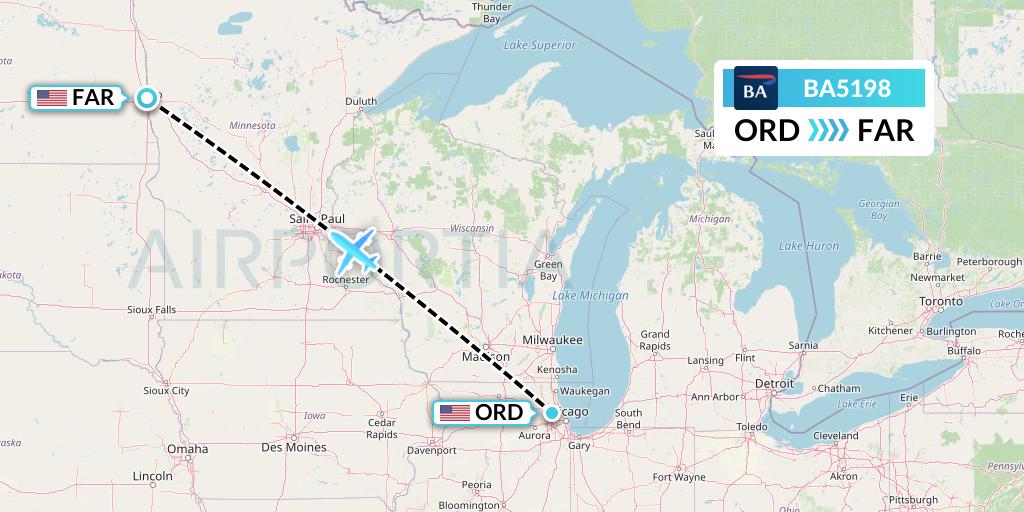 BA5198 British Airways Flight Map: Chicago to Fargo