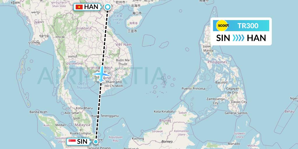 TR300 Tigerair Flight Map: Singapore to Hanoi