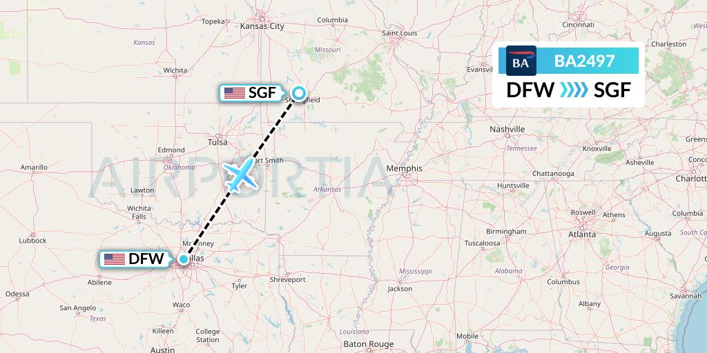 BA2497 British Airways Flight Map: Dallas to Springfield