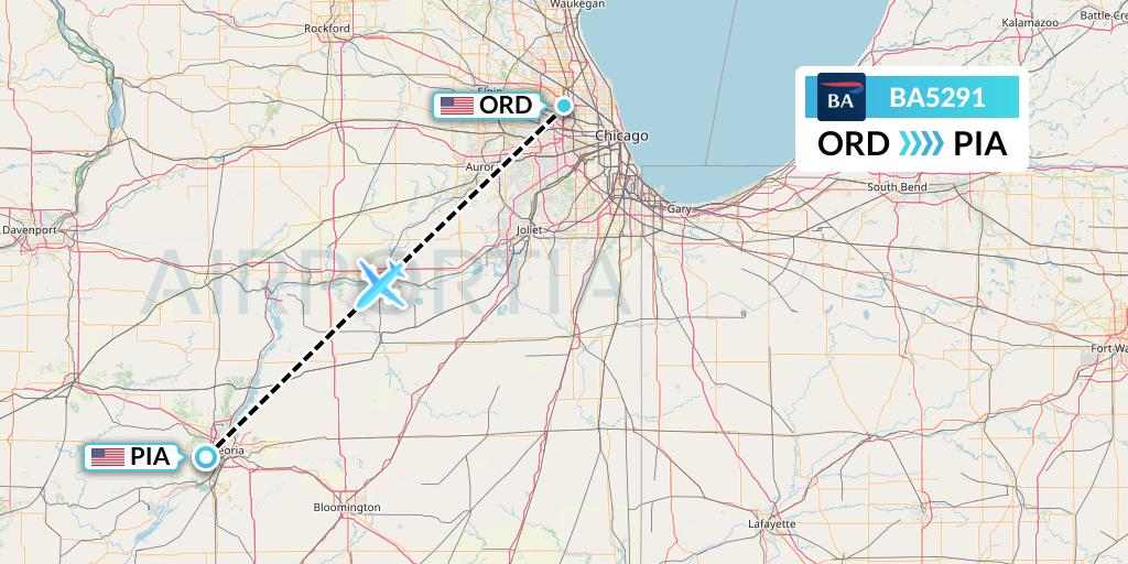 BA5291 British Airways Flight Map: Chicago to Peoria