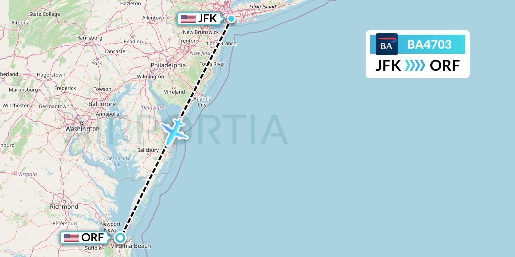 BA4703 British Airways Flight Map: New York to Norfolk