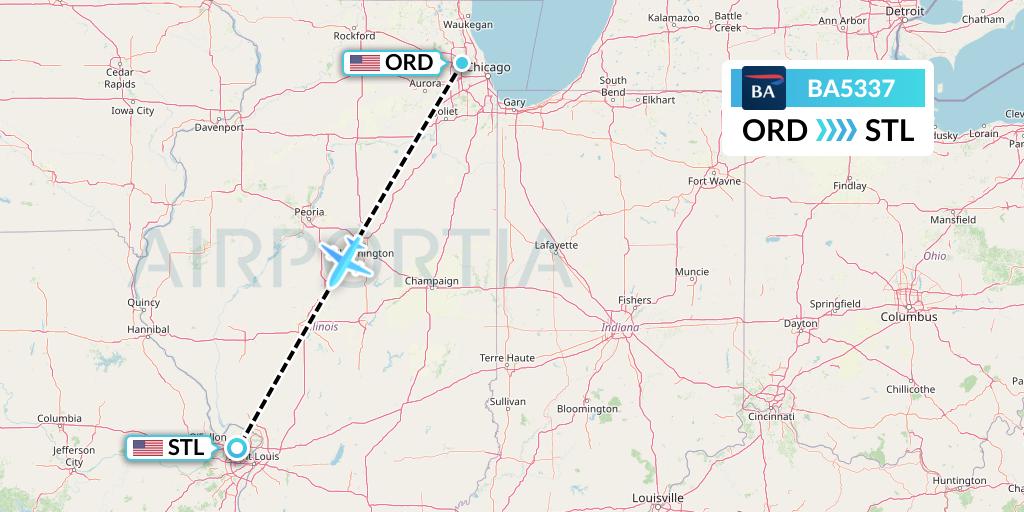BA5337 British Airways Flight Map: Chicago to St. Louis