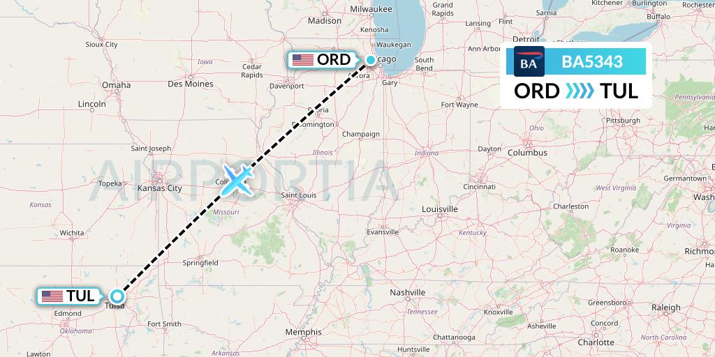 BA5343 British Airways Flight Map: Chicago to Tulsa