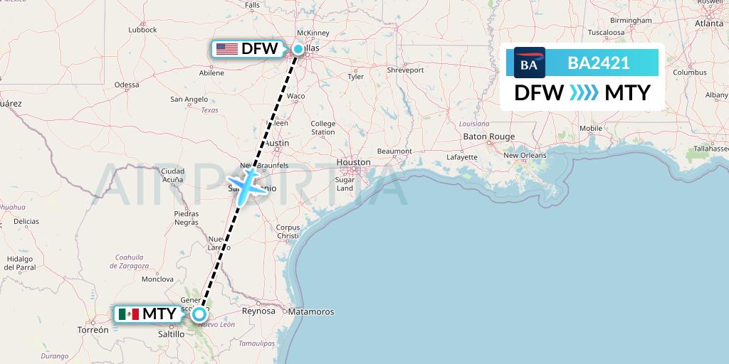 BA2421 British Airways Flight Map: Dallas to Monterrey