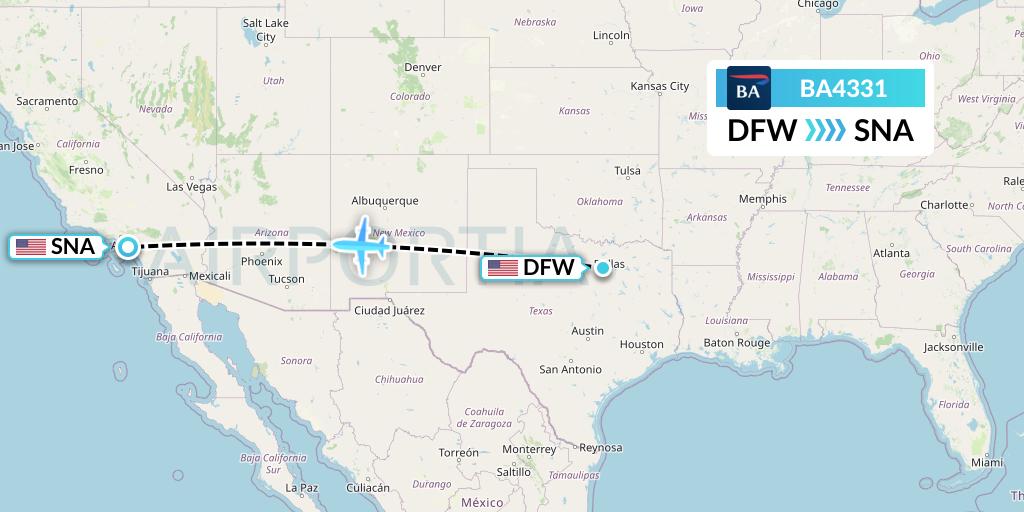 BA4331 British Airways Flight Map: Dallas to Orange County